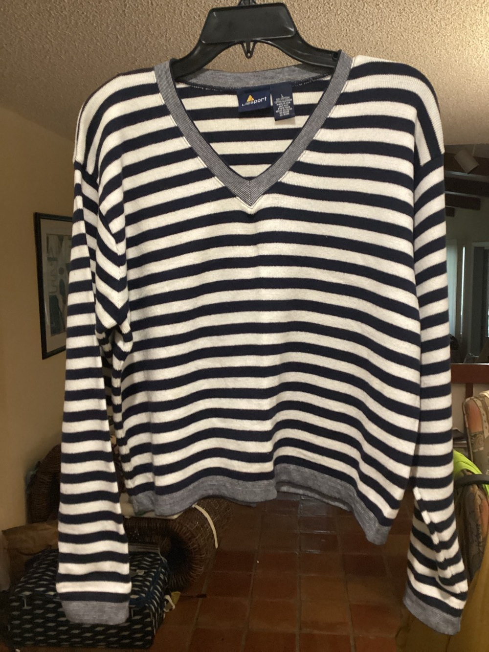 Liz Claiborne Navy and White Striped V-Neck Sweater, Large